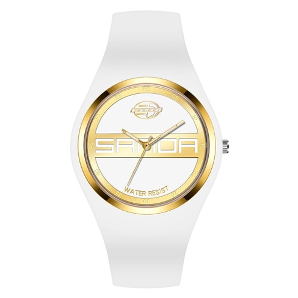 SANDA 6077 Simple Icon Round Dial Ladies Silicone Strap Quartz Watch(White Gold Dual Mark)
