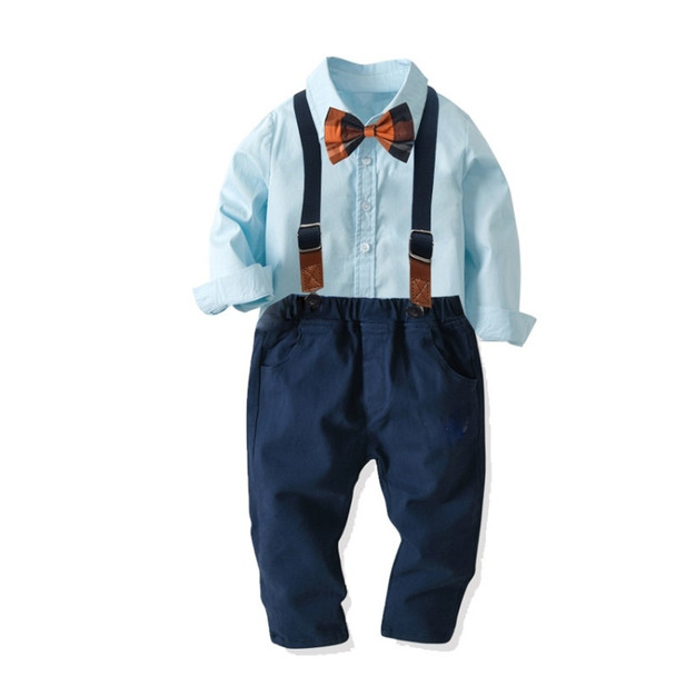 Boys Cotton Long-sleeved Shirt + Suspenders Trousers Suit (Color:Dark Blue Size:130)