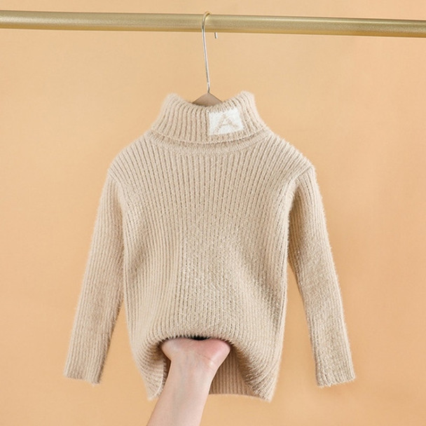 Letter Pattern Imitation Mink Velvet Children Turtleneck Knitted Sweater (Color:Khaki Size:130cm)