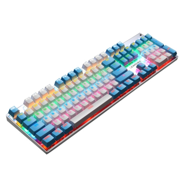 104 Keys Green Shaft RGB Luminous Keyboard Computer Game USB Wired Metal Mechanical Keyboard, Cabel Length:1.5m, Style: Double Imposition Version (White Blue)