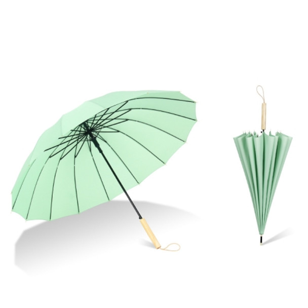 16 Bone Plain Straight Umbrella Small Fresh Long Handle Umbrella(Wooden Handle Vanilla Green)