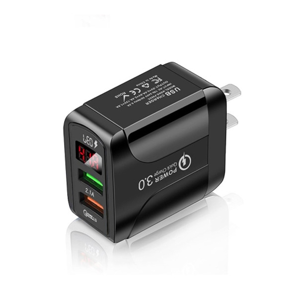F002C QC3.0 USB + USB 2.0 Fast Charger with LED Digital Display for Mobile Phones and Tablets, US Plug(Black)