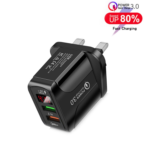 F002C QC3.0 USB + USB 2.0 Fast Charger with LED Digital Display for Mobile Phones and Tablets, UK Plug(Black)