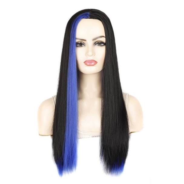 Fashion Medium Haircut Side Bangs Highlight Color Long Straight Wig(Black Royal Blue)