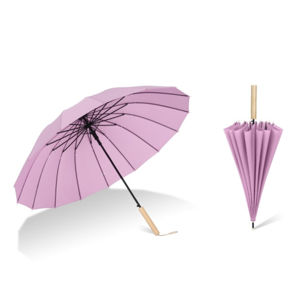 16 Bone Plain Straight Umbrella Small Fresh Long Handle Umbrella(Wood Handle Violet)