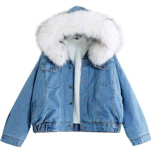 Velvet Thick Denim Jacket Female Winter Big Fur Collar Locomotive Lamb Coat Female Student Short Coat, Size: M(White)