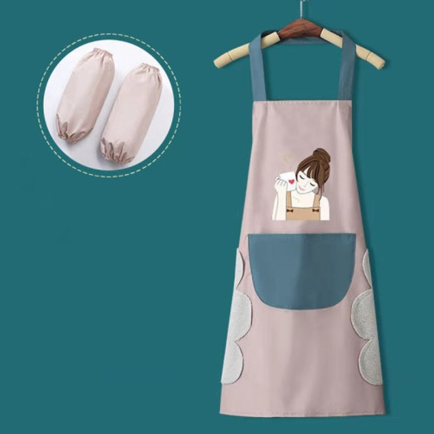 2 PCS Kitchen Hand Wipe Apron Waterproof Oil-Proof Home Work Clothes, Colour: Beauty coffee (Pink) + Sleeve