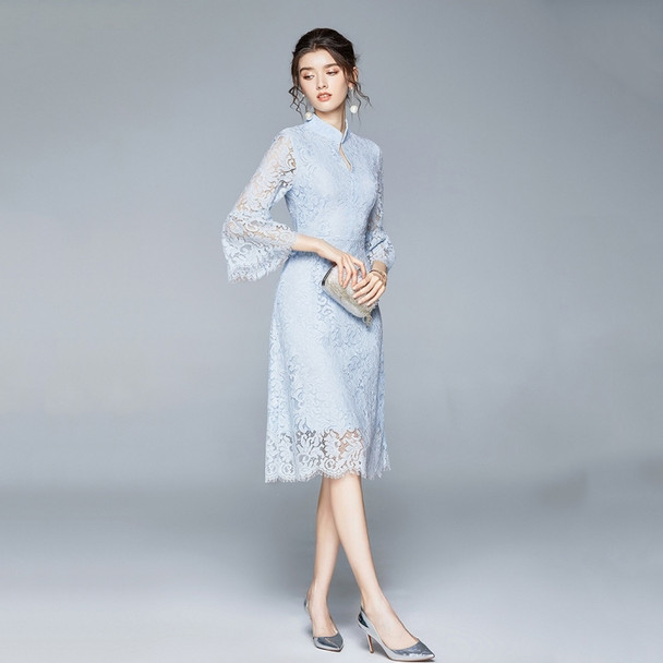 Fashion Lace Ruffled Sleeve Mid-length Dress (Color:Baby Blue Size:XL)