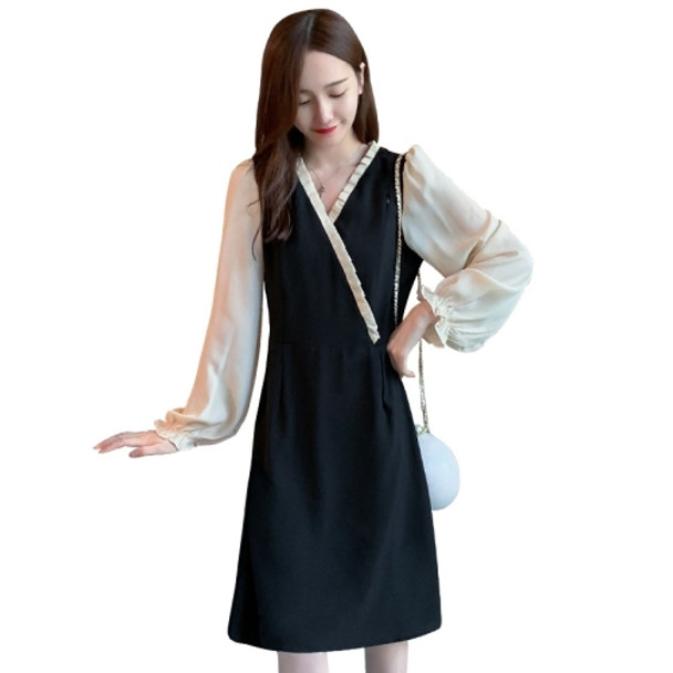 Hepburn Style French Waist Loose Chiffon Dress (Color:Black Apricot Size:XL)