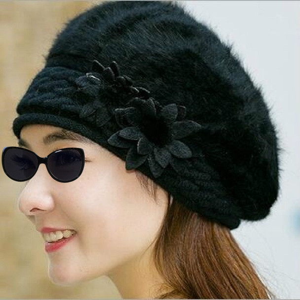 Autumn and Winter Women Rabbit Fur Plus Velvet Flower Knitted Warm Hat Beret, Size:One Size(Black)