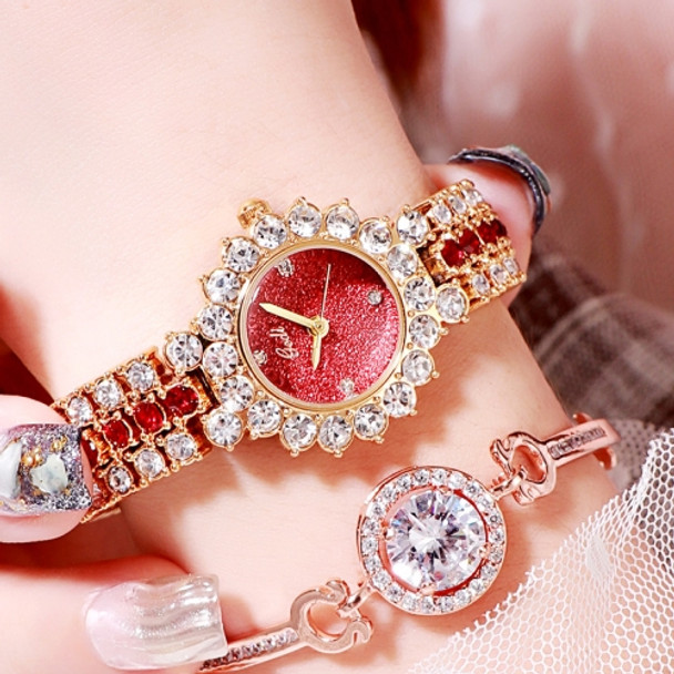 Gedi 52004 Ladies Quartz Diamond Bracelet Watch(Gold Shell Red Plate)