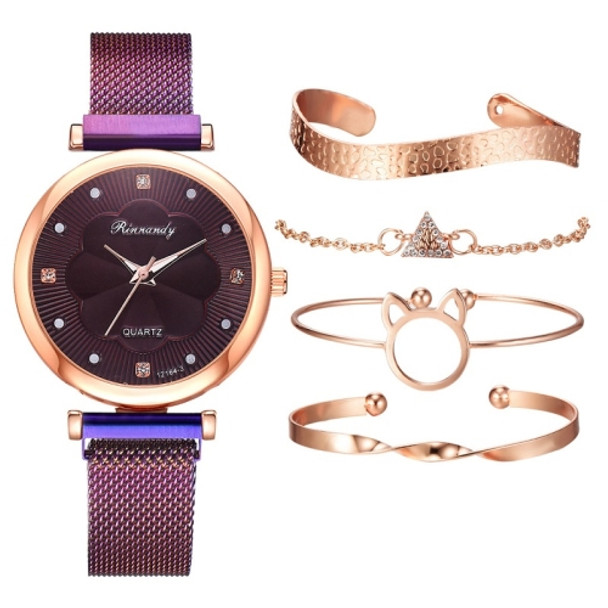 Ladies Magnet Buckle Watch Casual Flower Dial Watch Alloy Mesh Quartz Watch(Purple+Bracelet)