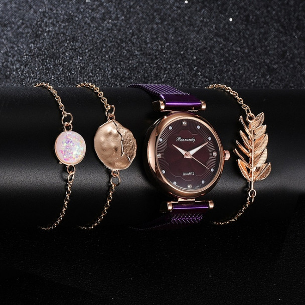 Ladies Magnet Buckle Watch Casual Flower Dial Watch Alloy Mesh Quartz Watch(Purple+No.2 Bracelet)