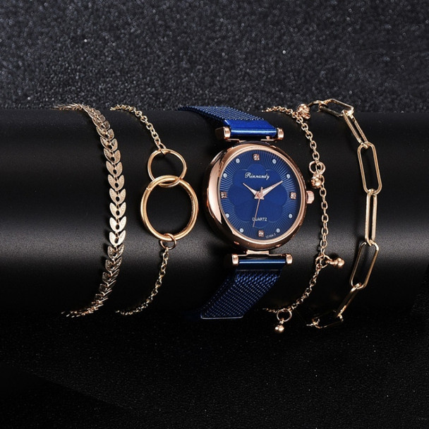 Ladies Magnet Buckle Watch Casual Flower Dial Watch Alloy Mesh Quartz Watch(Blue+No.1 Bracelet)