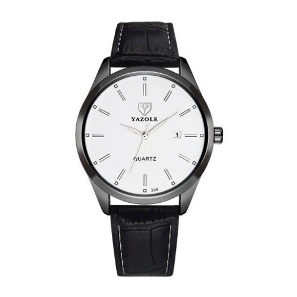 YAZOLE 308 Luminous Quartz Watch Men Watch(Black Shell White Tray Black Belt)