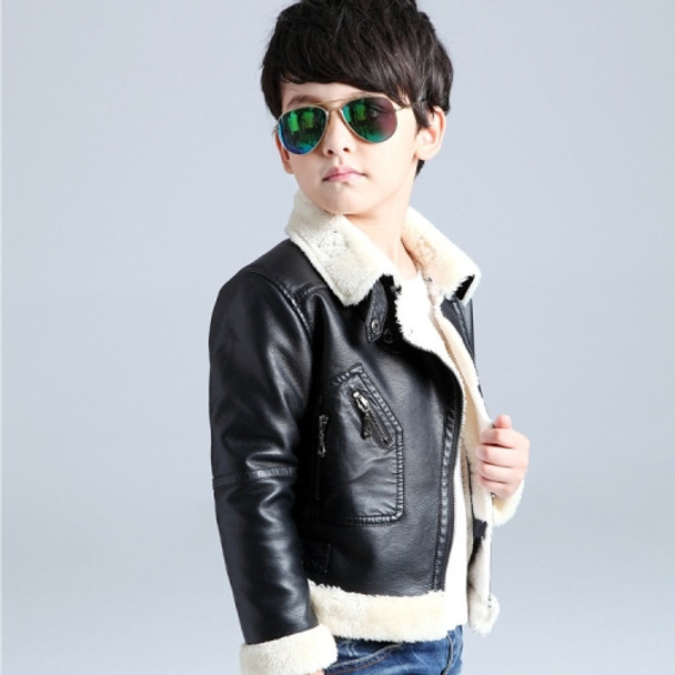 Solid Color Lapel Leather Jacket, Style: Plus Velvet (Color:Black Size:160)