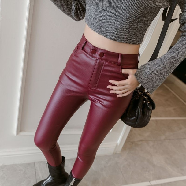 Frosted Matte Stretch Skinny High-waisted Trousers (Color:Red Thin Velvet Size:S)