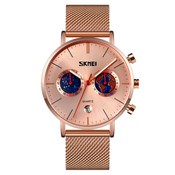 SKMEI 9231 Men Map Pattern Calendar Stopwatch Stainless Steel Strap Quartz Watch(Rose Gold)