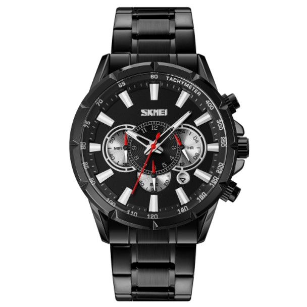 SKMEI 9241 Men Calendar Stopwatch Stainless Steel Strap Quartz Watch(Black)