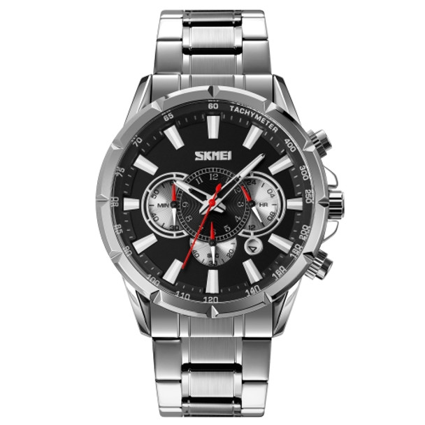 SKMEI 9241 Men Calendar Stopwatch Stainless Steel Strap Quartz Watch(Silver Black)