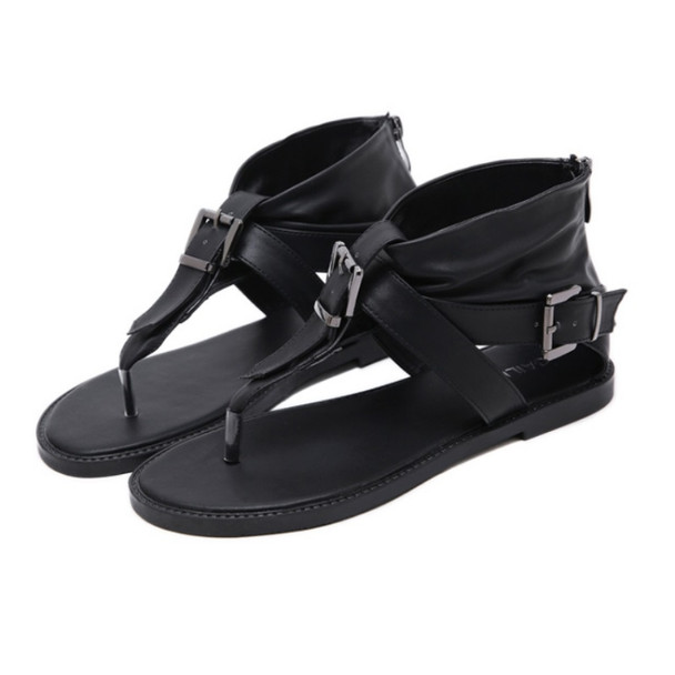 Ladies Belt Buckle Flip Flops Casual Flat Sandals, Size: 37(Black)