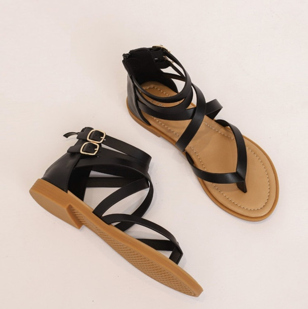 Ladies Summer Strappy Cross Sandals Roman Style Low-Heeled Retro Shoes, Size: 38(Black)