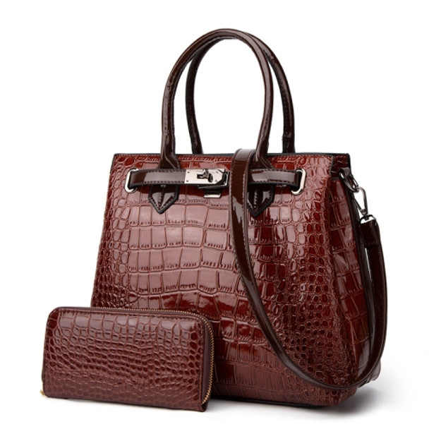 T5056 2 in 1 Crocodile Pattern Patent Leather Diagonal Handbags Large-Capacity Single-Shoulder Bag(Brown)
