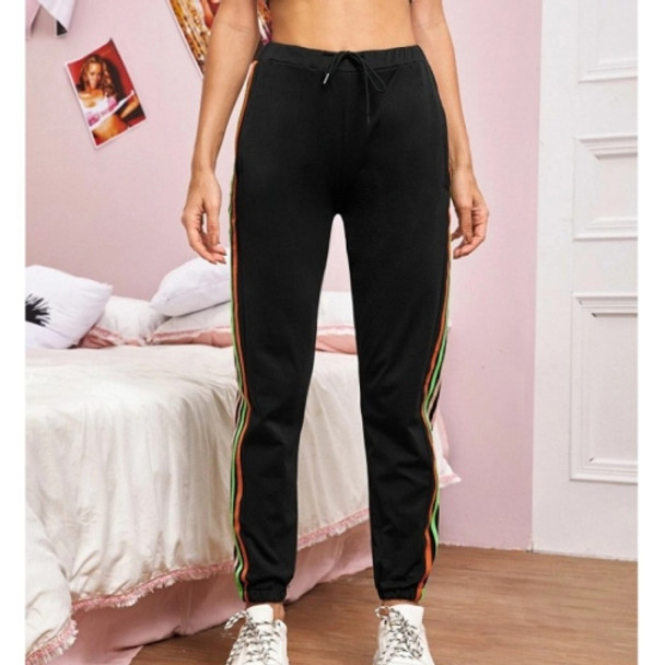 Women Loose Webbing Stitching Casual Pants (Color:Black Size:S)