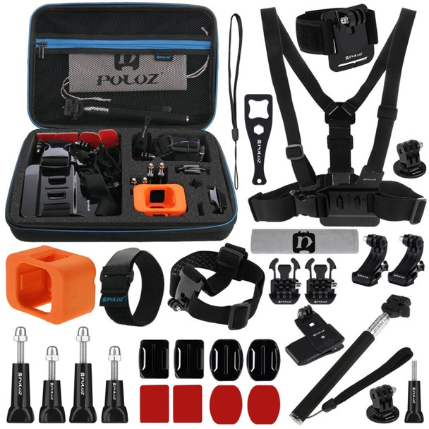 PULUZ 29 in 1 Accessories Combo Kits with EVA Case (Chest Strap + Head Strap + Wrist Strap + Floating Cover + Surface Mounts + Backpack Rec-mount + J-Hook Buckles + Extendable Monopod + Tripod Adapter + Quick Release Buckles + Storage Bag + Wrench) f