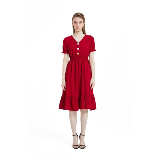 V-neck Solid Color Short Sleeve Hepburn Dress (Color:Red Wine Size:XL)