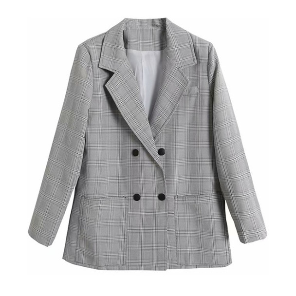 Women Casual British Style Loose Grid Blazer Coat (Color:Grey Size:L)