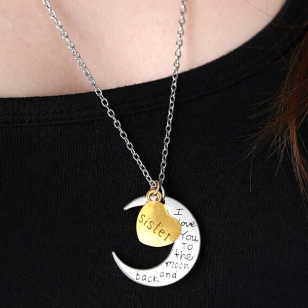 Half-Moon-Shaped Alloy Plated Pendant Necklace With Greetings Engraved At The Backside For Family, Diameter 3cm, Perimeter 9.4cm(Silver+Gold For sister)