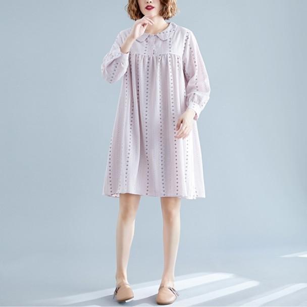 Large Size Loose And Thin Mid-length Linen Cotton Printed Dress (Color:Pale Pinkish Grey Size:XXL)