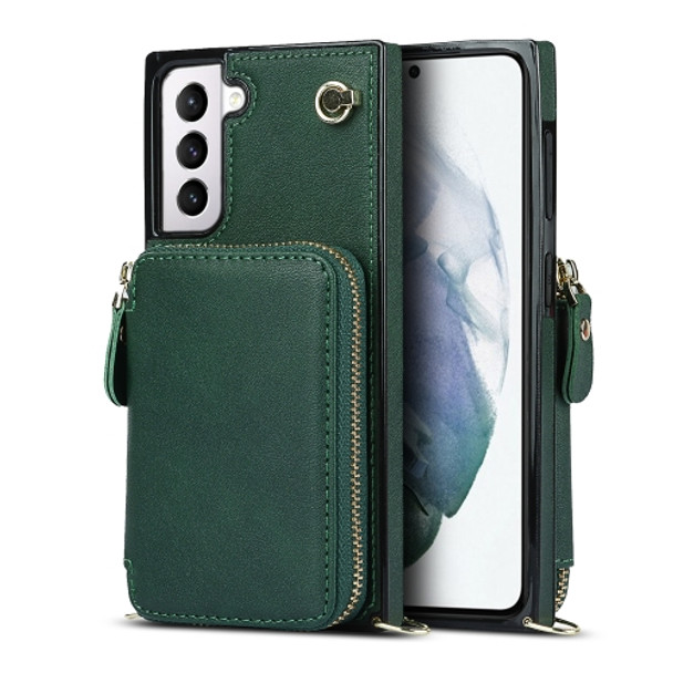 For Samsung Galaxy S21 Cross-body Zipper Big Wallet Bag Square Phone Case(Emerald)