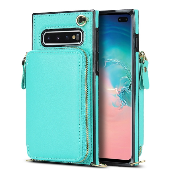 For Samsung Galaxy S10+ Cross-body Zipper Big Wallet Bag Square Phone Case(Mint Green)