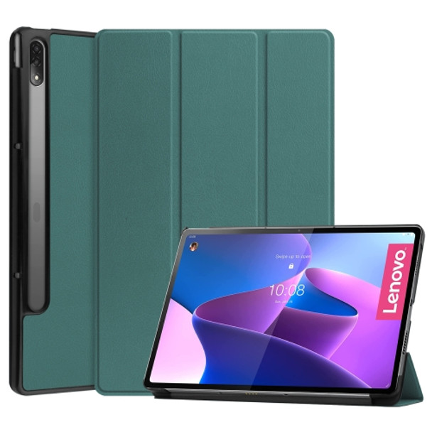 For Lenovo Tab P12 Pro 12.6 Three-folding Holder Custer Texture Leather Tablet Case(Dark Green)