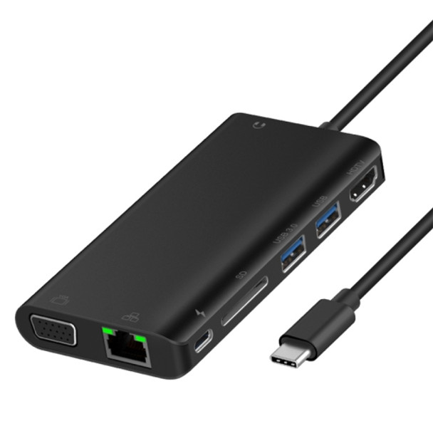 Onten 9591BD 8 in 1 USB-C / Type-C to PD USB-C / Type-C Charging + 100M Ethernet Port + Dual USB 3.0 + HDMI + VGA + SD Card Slot + 3.5mm AUX HUB (Black)