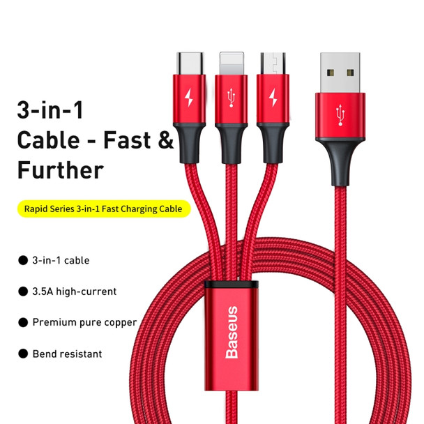 Baseus CAJS000009 Rapid Series 3.5A USB to 8 Pin + USB-C / Type-C + Micro USB Data Cable, Cable Length: 1.2cm(Red)