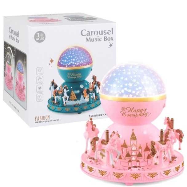 2 In 1 Carousel Music Box Projection Star Light,Style: Large Pink Amusement Castle