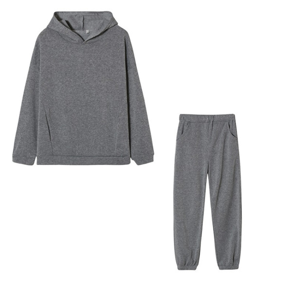 Autumn Winter Loose Hooded Plus Fleece Sweater + Trousers Suit for Ladies (Color:Grey Size:XL)