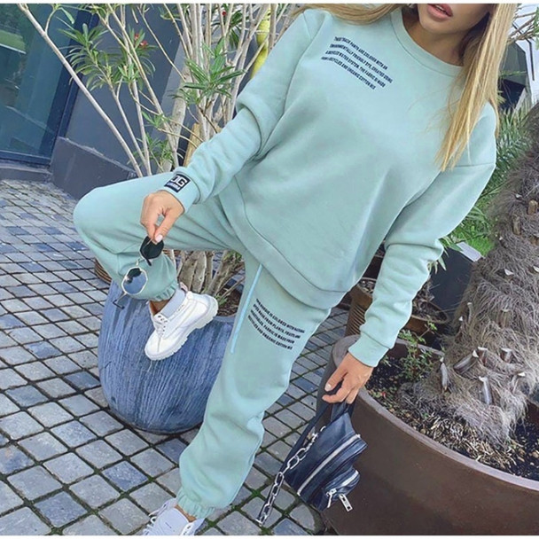 2 In 1 Autumn Alphabet Pattern Long-sleeved Sportswear Suit for Ladies (Color:Lake Blue Size:S)