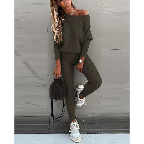 2 in 1 Autumn Pure Color Slanted Shoulder Long Sleeve Sweatshirt Set For Ladies (Color:Army Green Size:M)