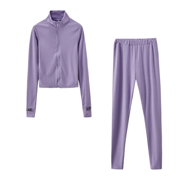 2 In 1 Autumn Solid Color High-neck Zipper Sweater + Trousers Suit For Ladies (Color:Purple Size:S)