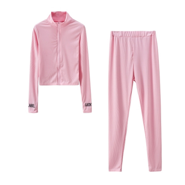 2 In 1 Autumn Solid Color High-neck Zipper Sweater + Trousers Suit For Ladies (Color:Pink Size:S)