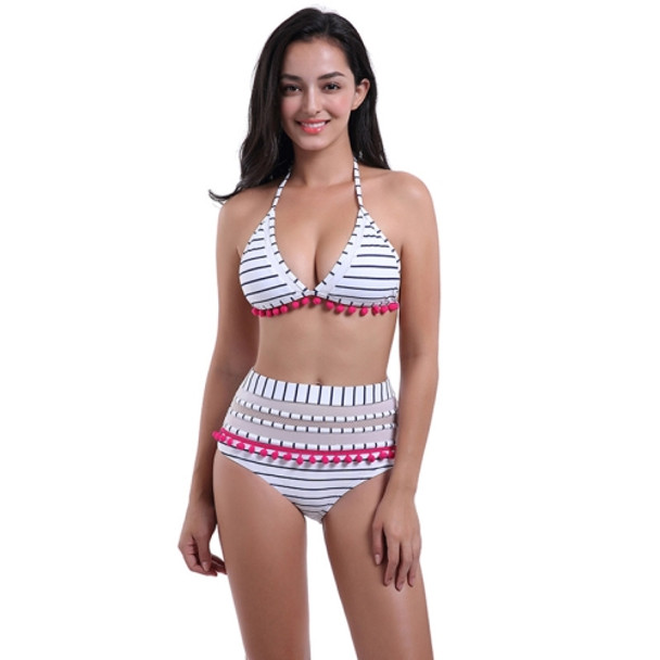 Sexy Hanging Neck Split Swimsuit High Waist Lace Bikini, Size: S(Blue and White Stripes)