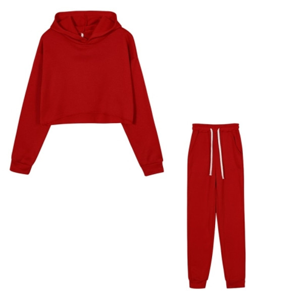 2 in 1 Autumn Winter Plus Velvet Thick Solid Color Cropped Hooded Sweater Set for Ladies (Color:Red Size:S)