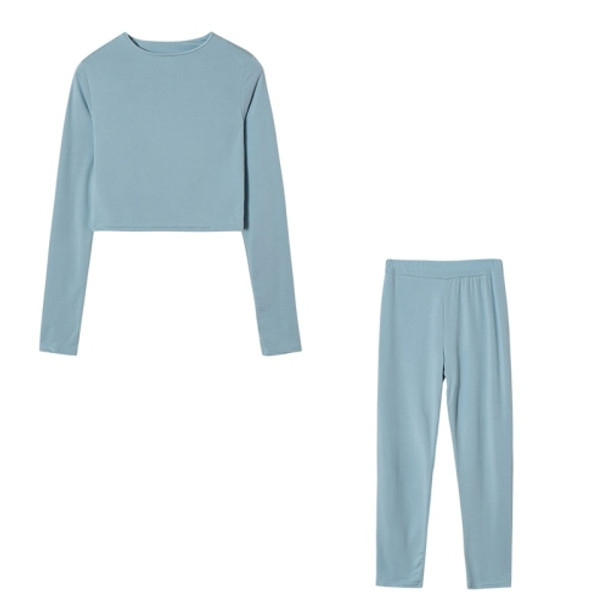 Fall Winter Solid Color Slim Fit Long-sleeved Sweatshirt + Trousers Suit for Ladies (Color:Blue Size:L)