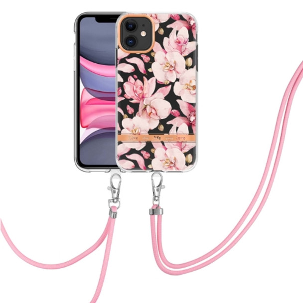 Flowers Series TPU Phone Case with Lanyard For iPhone 11(Pink Gardenia)