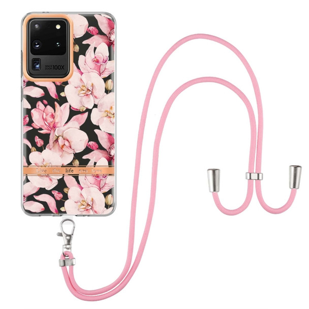 For Samsung Galaxy S20 Ultra 5G Flowers Series TPU Phone Case with Lanyard(Pink Gardenia)