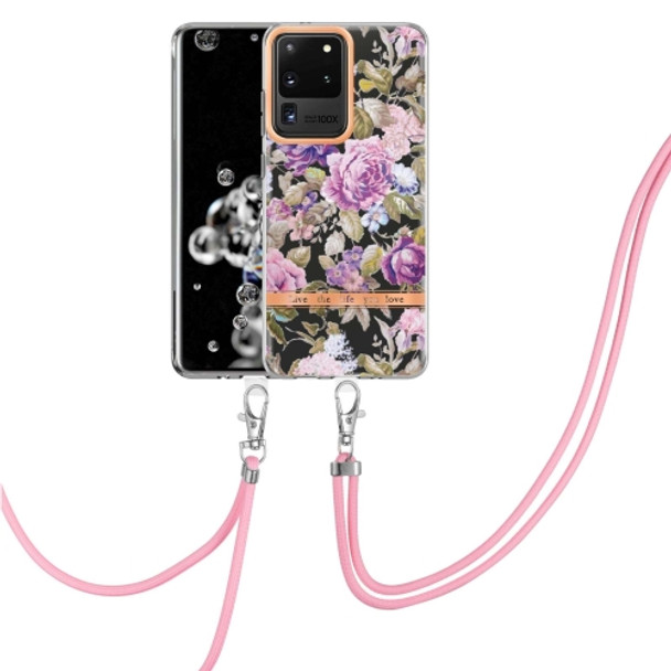 For Samsung Galaxy S20 Ultra 5G Flowers Series TPU Phone Case with Lanyard(Purple Peony)